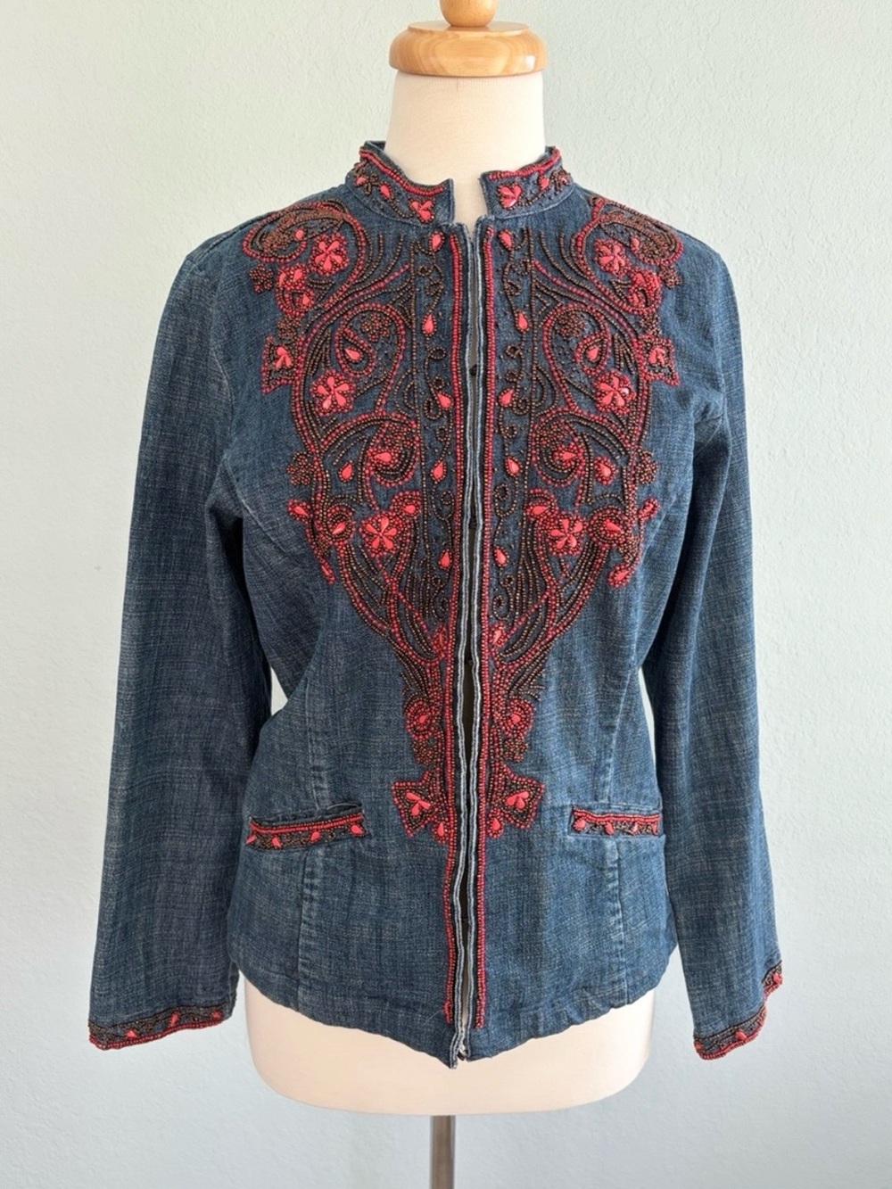 Chico’s Vintage Coral Opulence Denim Jacket
